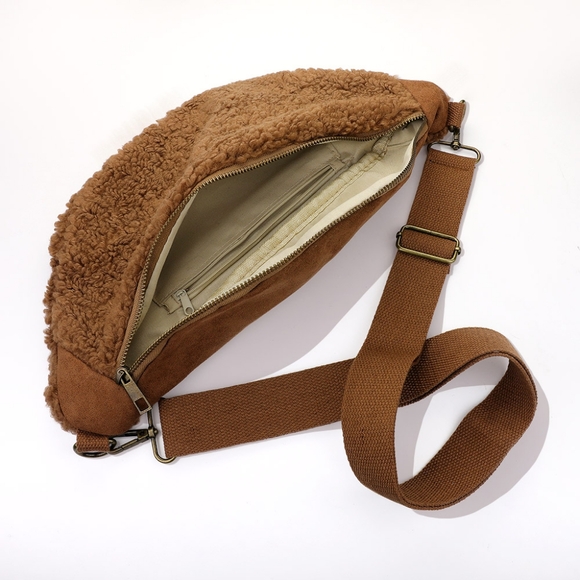 Taupe Sherpa Teddy Bear Fur Sling Bag Purse Wallet - Picture 3 of 3